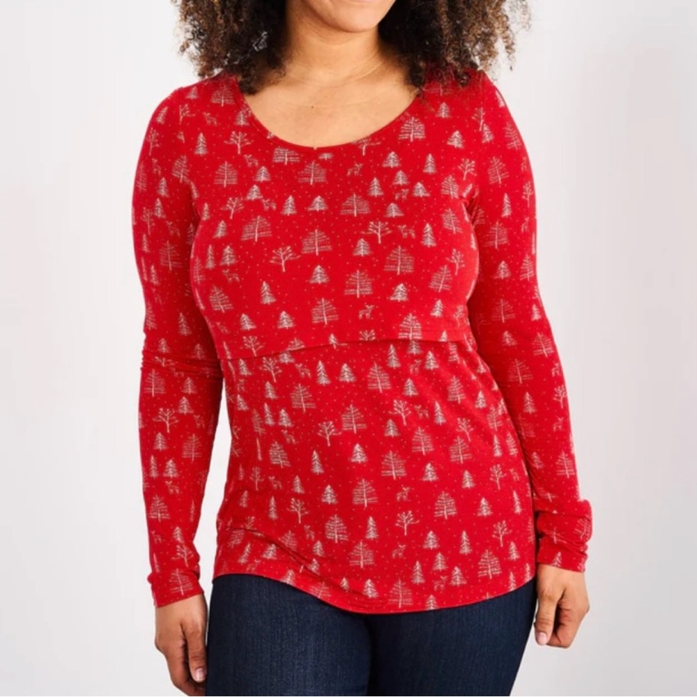 Latched Mama Red Long Sleeve Nursing Tee with Silver Tree Print
